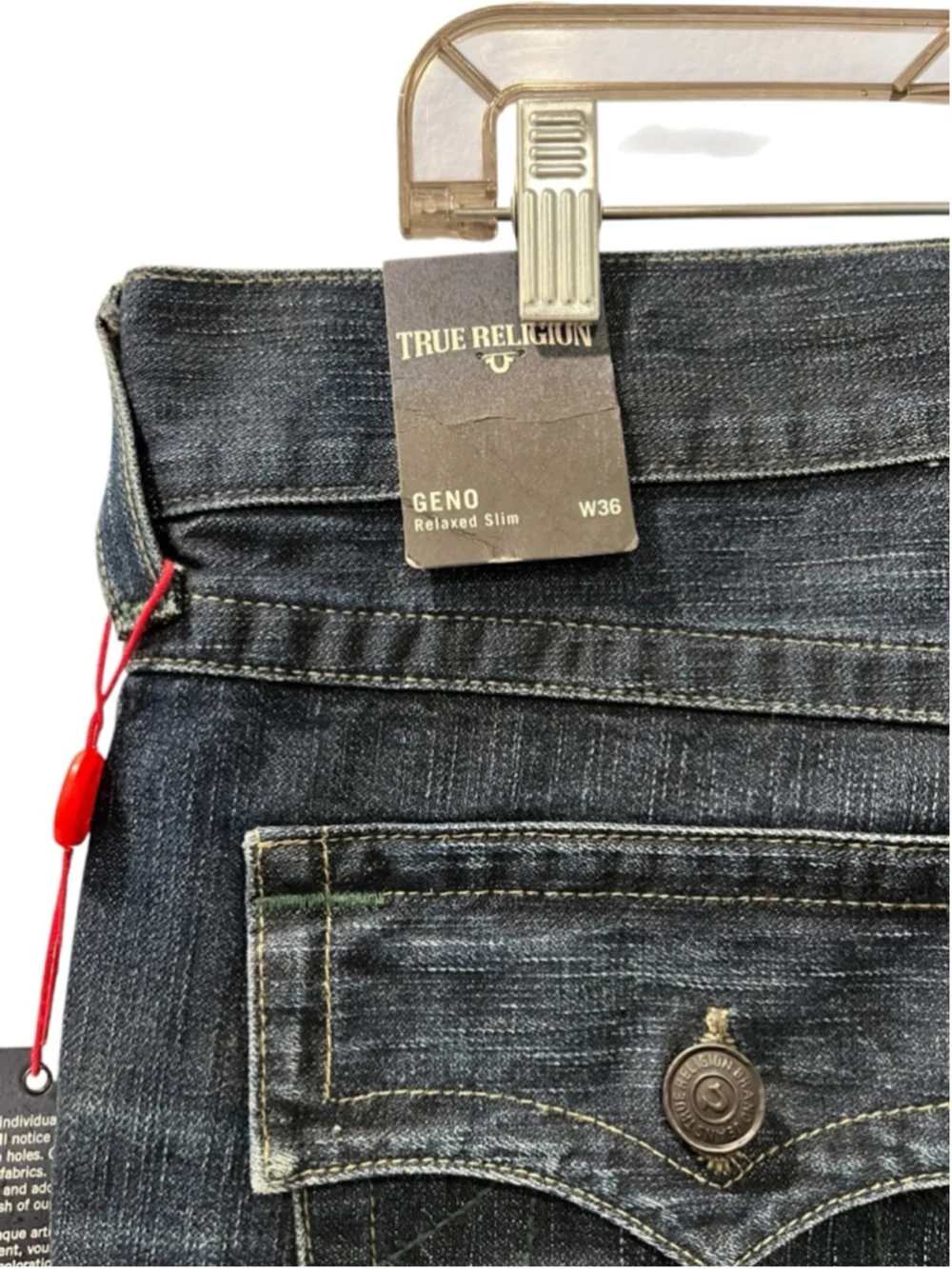 True Religion NWT Geno Slim Jeans Men's Size 36 Distressed Dark Wash Flap Pocket